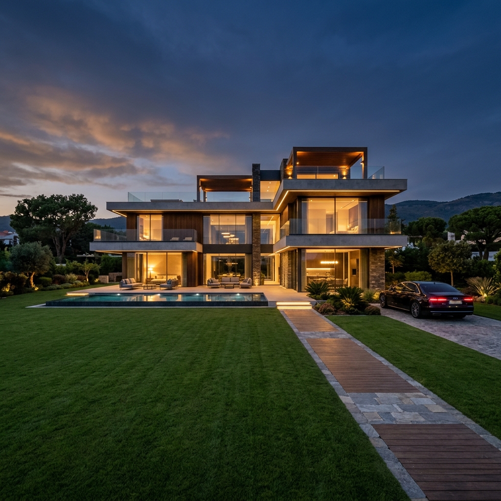 Exklusive moderne Villa mit Pool bei Dämmerung
