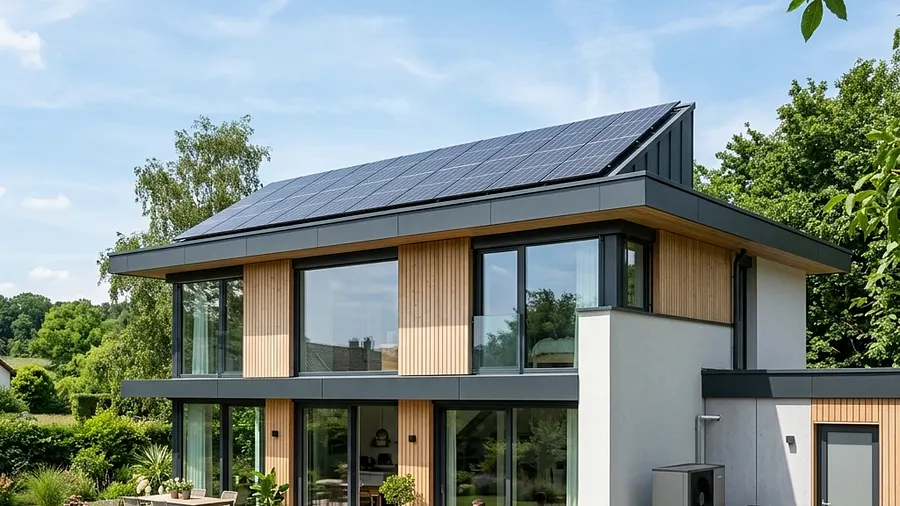 Wohnhaus mit Photovoltaikanlage auf dem Dach und Wärmepumpe an der Hauswand